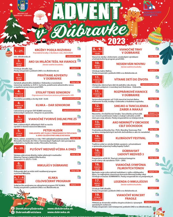 ČO NÁS ČAKÁ V DECEMBRI? 🧐🤩
Aj posledný mesiac v tomto roku bude v Dúbravke bohatý na podujatia a zážitky. 🌲🥳