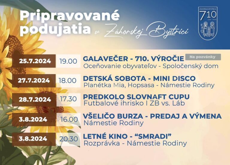 Pozrite si prehľad udalostí v Záhorskej Bystrici na najbližšie obdobie 🎼 Už dnes večer sa uskutoční galavečer pri príležitosti 7…